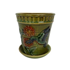 Hummingbird Hand Painted Flower Planter Ceramic Succulent Pot Drip Tray Green