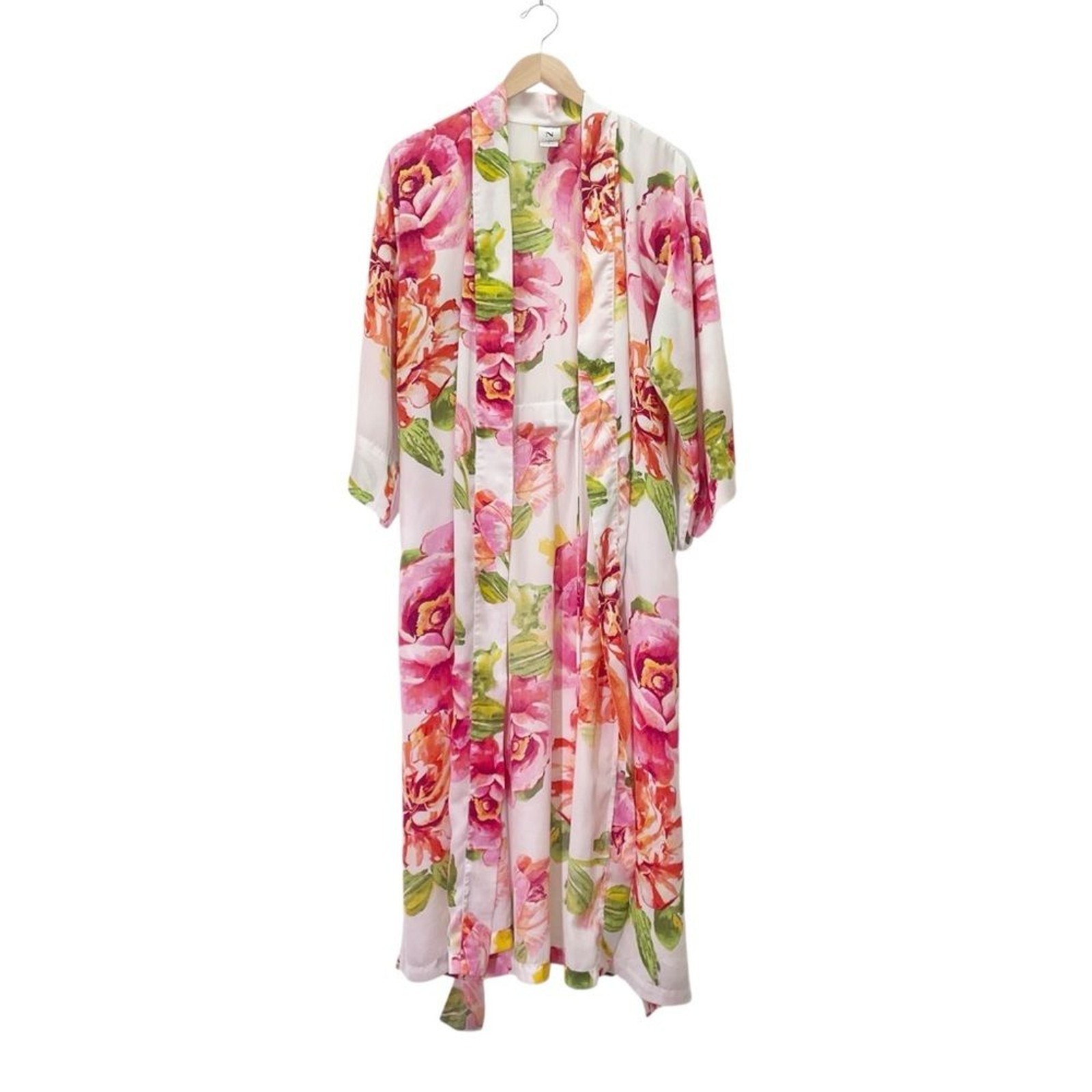 Natori South Pacific Floral Robe & Slip Nightgown Set Pink Orange Ivory Size S M