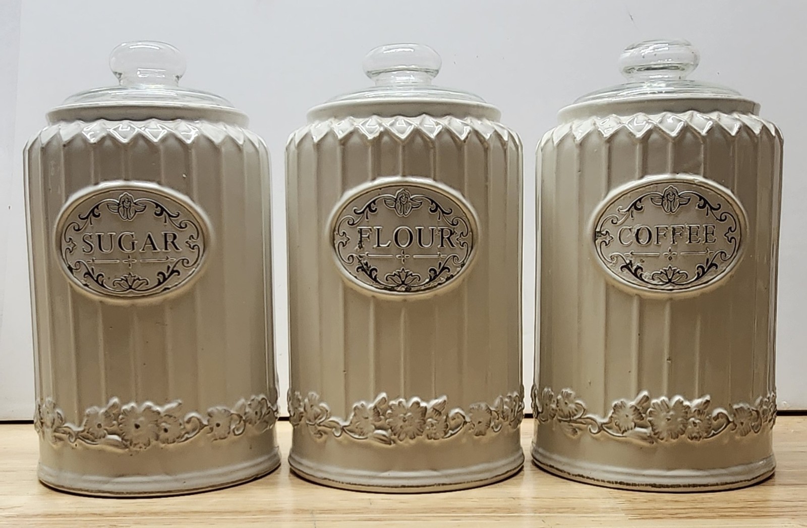 Pier 1 Imports Canister Set 3 Ceramic Sugar Flour Coffee Far