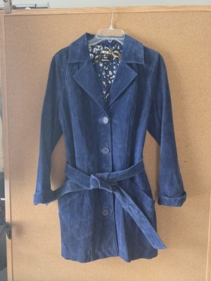 Dennis Basso 100% Genuine Leather Trench Coat M Blue Belted Designer Lining