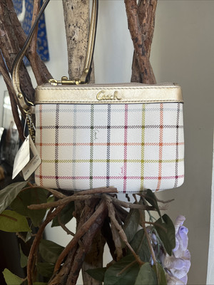 Coach Heritage Tattersall Plaid Gold Leather Trim Strap PVC Wristlet NWT