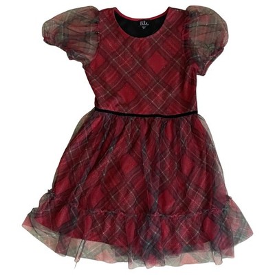 Lilt Red Plaid Dress Holiday Sparkle Check Tulle Buff Sleeves Flare Girls 12