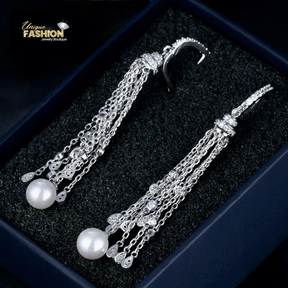 18k White Gold Plated Tassel Chandelier Earrings made w Swarovski Crystal Gift - Image 2 of 4