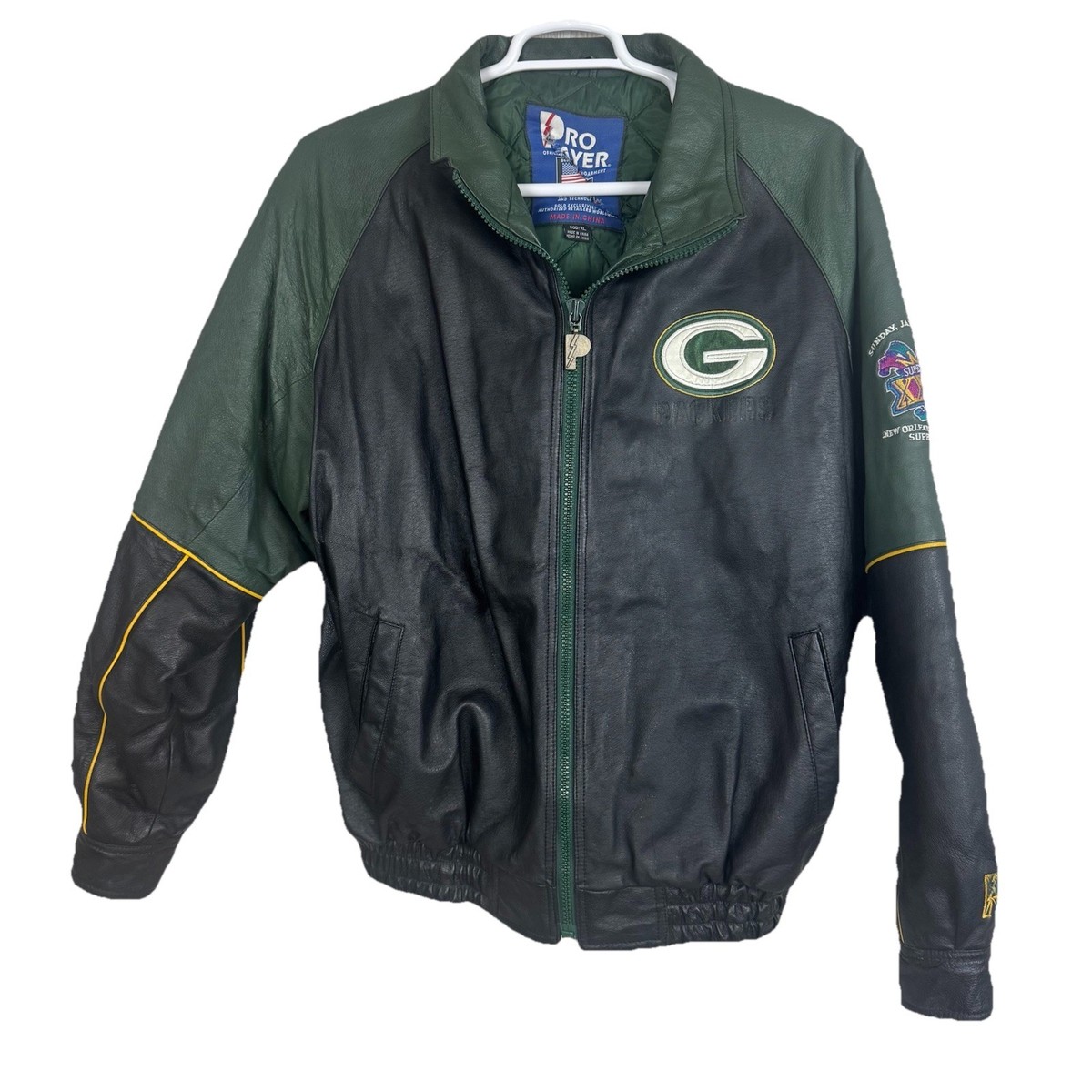 Vtg Pro Player Green Bay Packers NFL Embroidered Leather Jacket XL