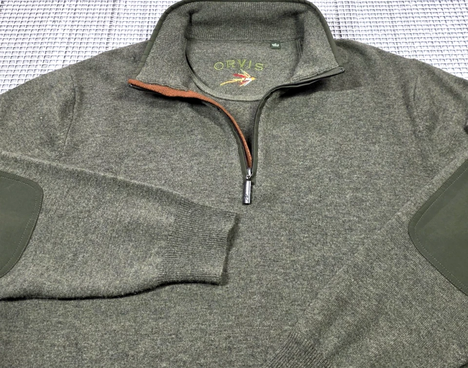 Orvis Sweater Mens M Wool Cashmere Blend Olive 1/4 Zip Elbow Patch Pullover - Image 3 of 4
