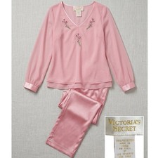 Vintage Victoria's Secret Gold Label Pink Satin Chiffon Embroidered Pajama Set P
