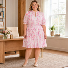 NWT Nine West XXL Pink Floral Blouson Dress Keyhole Cottagecore Church Work Casu