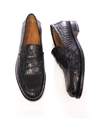 $2,100 FERRAGAMO TRAMEZZA - Black ''Crocodile Skin'' Loafers - 9.5 D