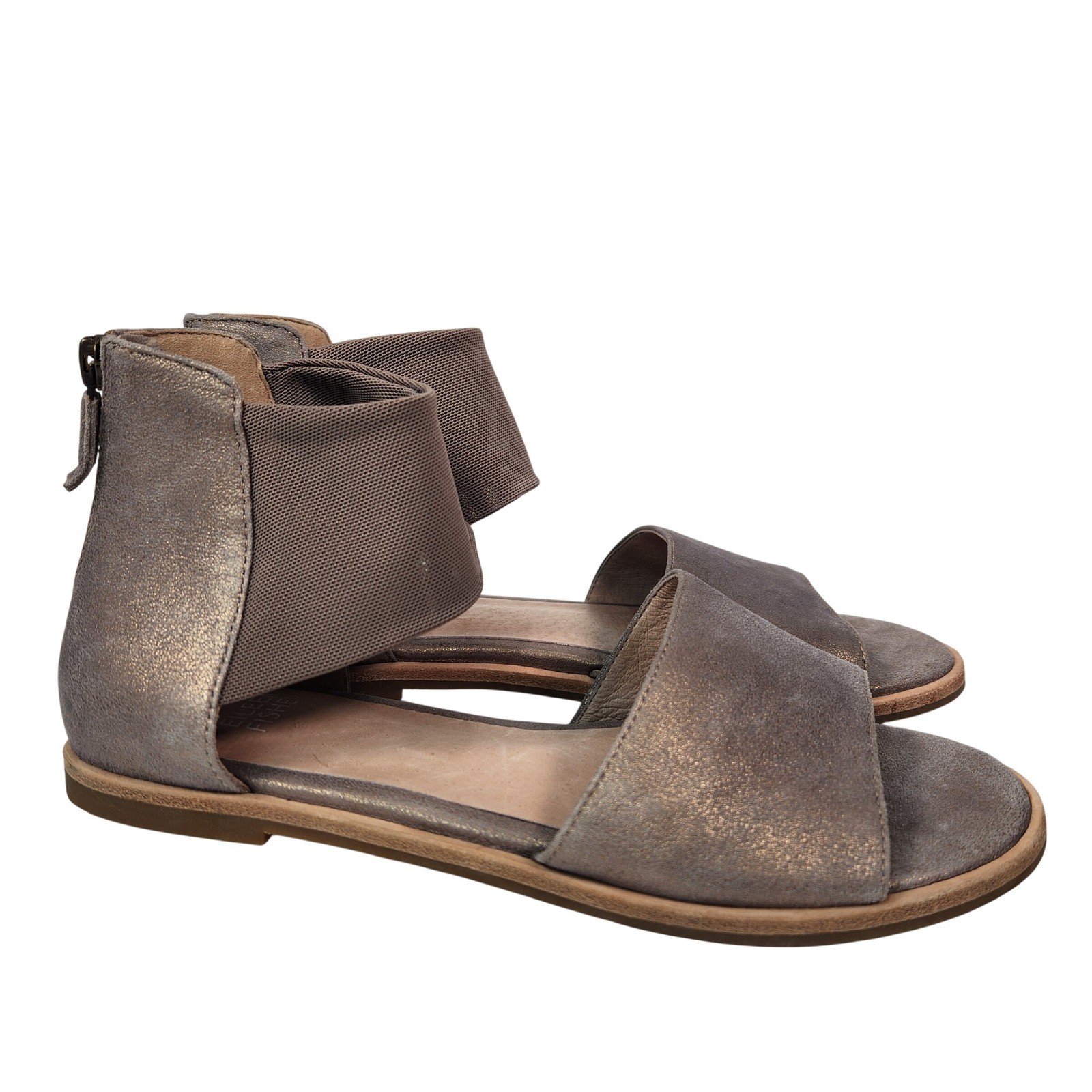 Sandalias planas con banda al tobillo de cuero bronce metálico elástico con signo de Eileen Fisher 6,5