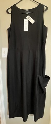 Eileen Fisher System Stretch Crepe Asymmetric Shift Pocket Dress Lagenlook Blk