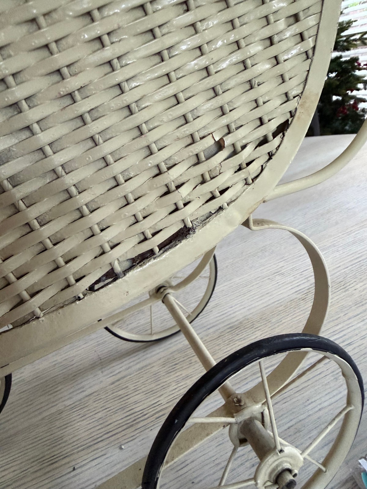 Vintage Wicker Doll Baby Carriage Buggy Stroller White Victorian Canopy