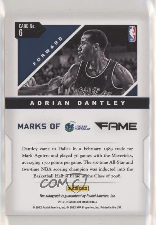 2012-13 Absolute Marks of Fame Auto /100 Adrian Dantley #6 Auto HOF - Image 2 of 2