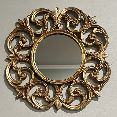 Gothic Ornate Resin Round Fleur De Lis Wall Mirror 14" Diameter