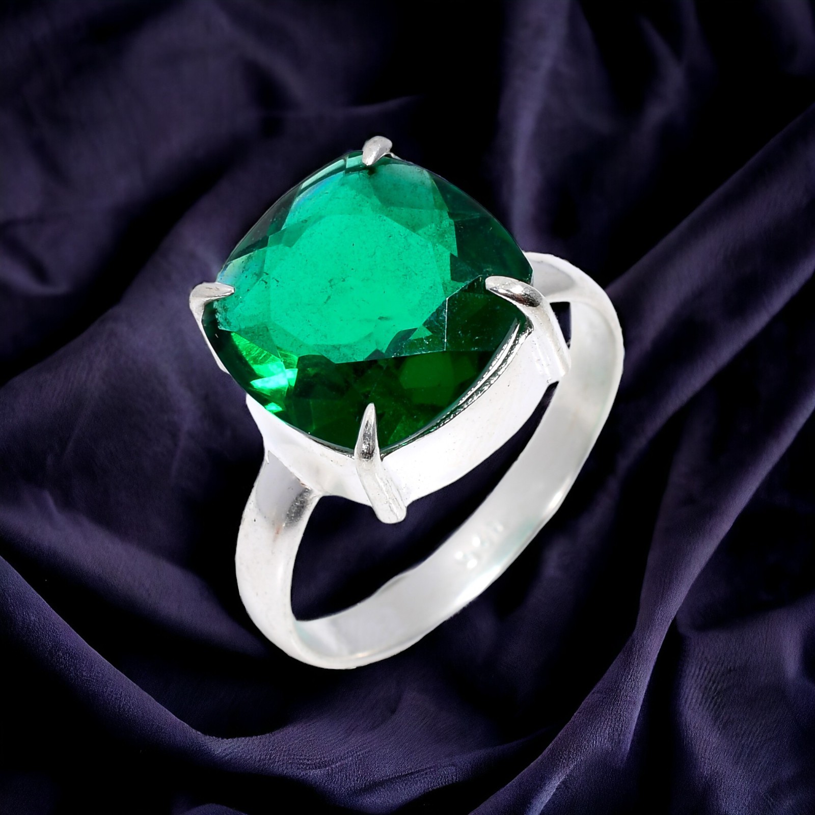 Emerald Ethnic Handmade Sterling Silver Cocktail Ring Size 10