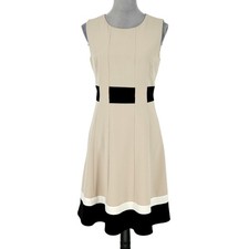 Calvin Klein Dress Womens 6 Beige Black Fit n Flare Zip Lined Stretch Career