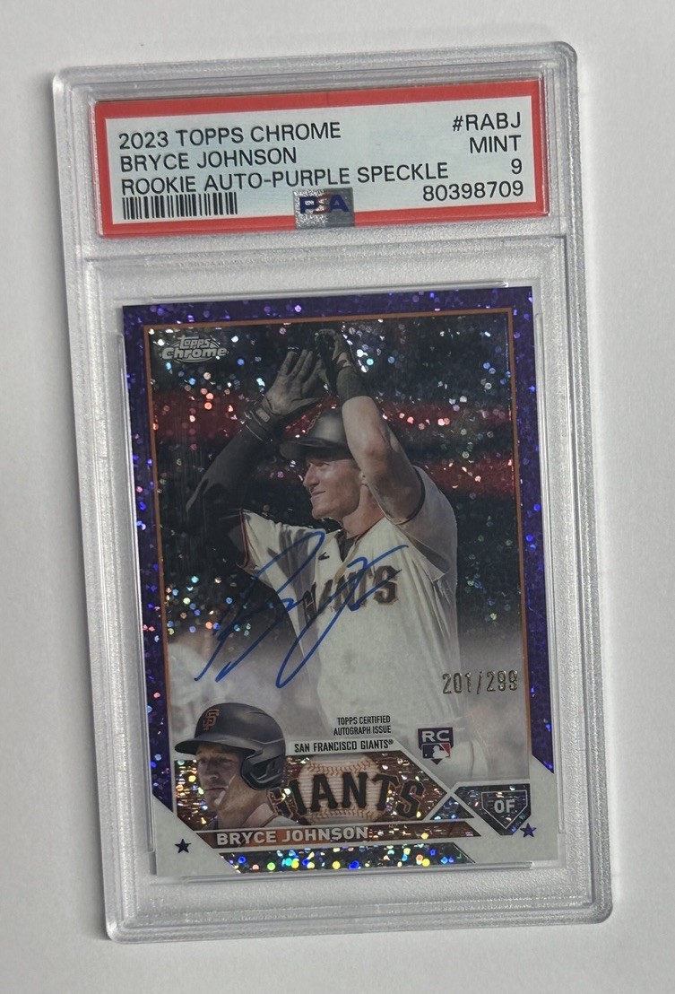 2023 Topps Chrome Purple Speckle Bryce Johnson Rookie Auto 201/299 PSA 9