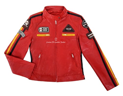SIZMA Ladies Real Leather Jacket Red Classic Retro Motorcycle Racer Style Jacket - Picture 2 of 11
