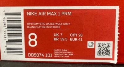 Nike Air Max 1 PRM, Men's Various Sizes,White/Mystic Dates/Wolf Grey, DB5074 101