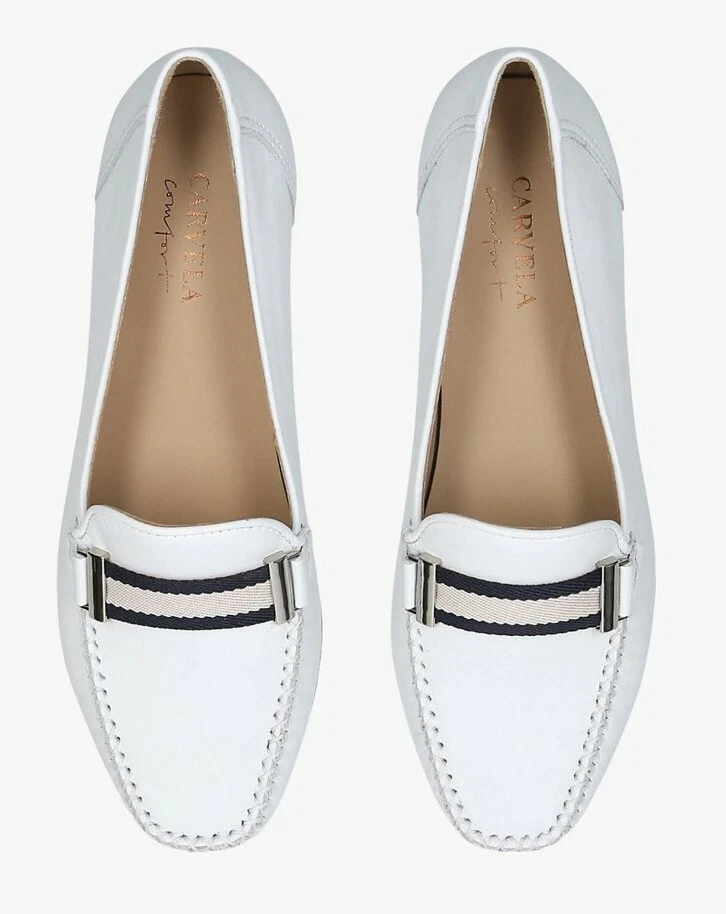 Carvela Comfort White Leather Loafers UK 5 Flat Striped Vamp RRP