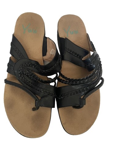 YUU Women's Sandals - Black Roonie Style Open-Toe Strap Wedge Size