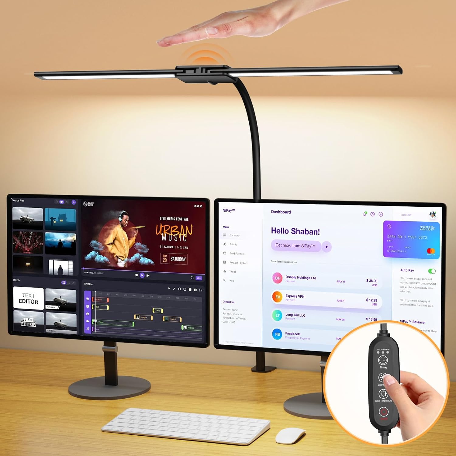 Desk Lamp with Clamp, Double Head Desk Lamp for Home Office with Gesture Sensor