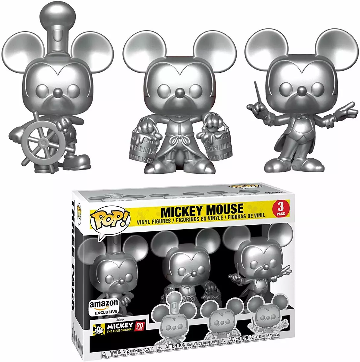 FUNKO POP Mickey Mouse 90TH ANNIVERSARY SILVER 3 PACK DISNEY   EXCLUSIVE