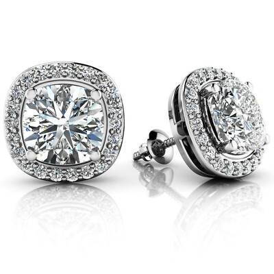CT Cushion Cubic Zirconia Solitaire Halo Stud Earrings 14k White