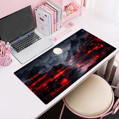 Black Red Japanese Full Moon Mouse Desk Pad for Keyboard Desk Mat 31.5x15.7 inch - Picture 5 of 6