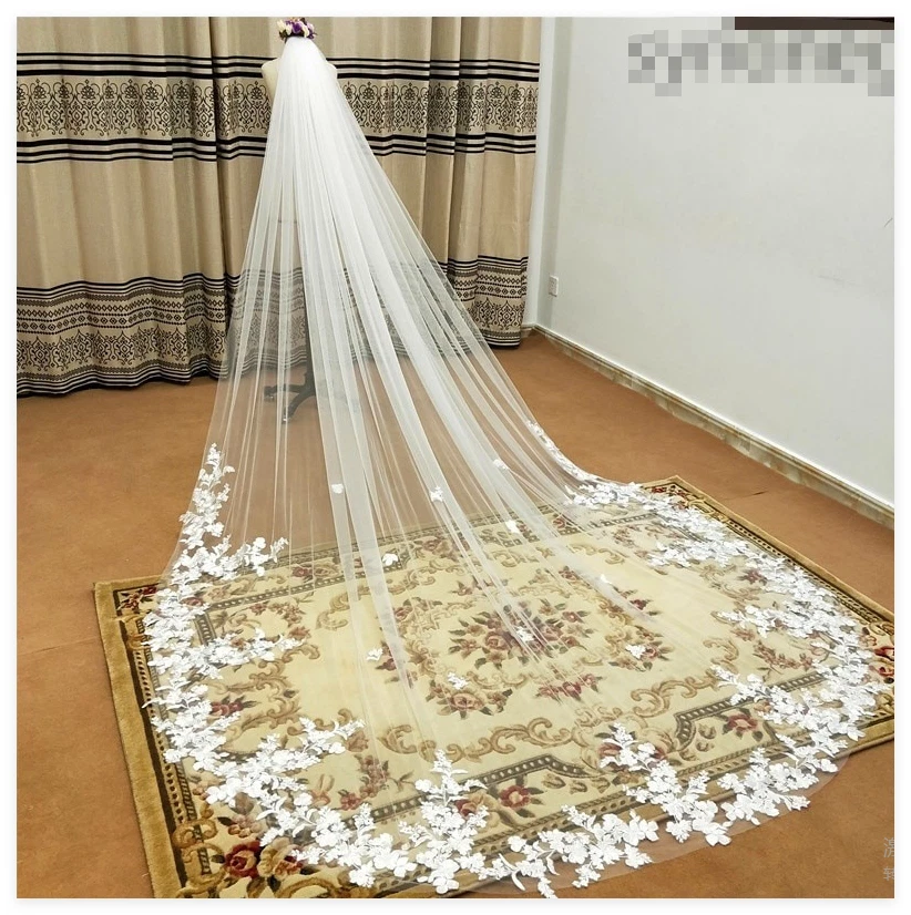 Velo de boda con peine longitud catedral apliques velo de novia encaje flor floral Foto 4 de 4