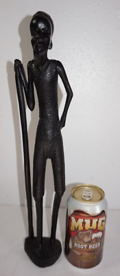 VTG Hand Carved Kenya African Tall Thin Bearded Man Carving Sculpture 14 3/4''