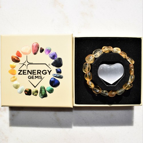 Pulsera elástica premium cargada con pepita de cristal de citrino + corazón hinchado de selenita - Imagen 9 de 10