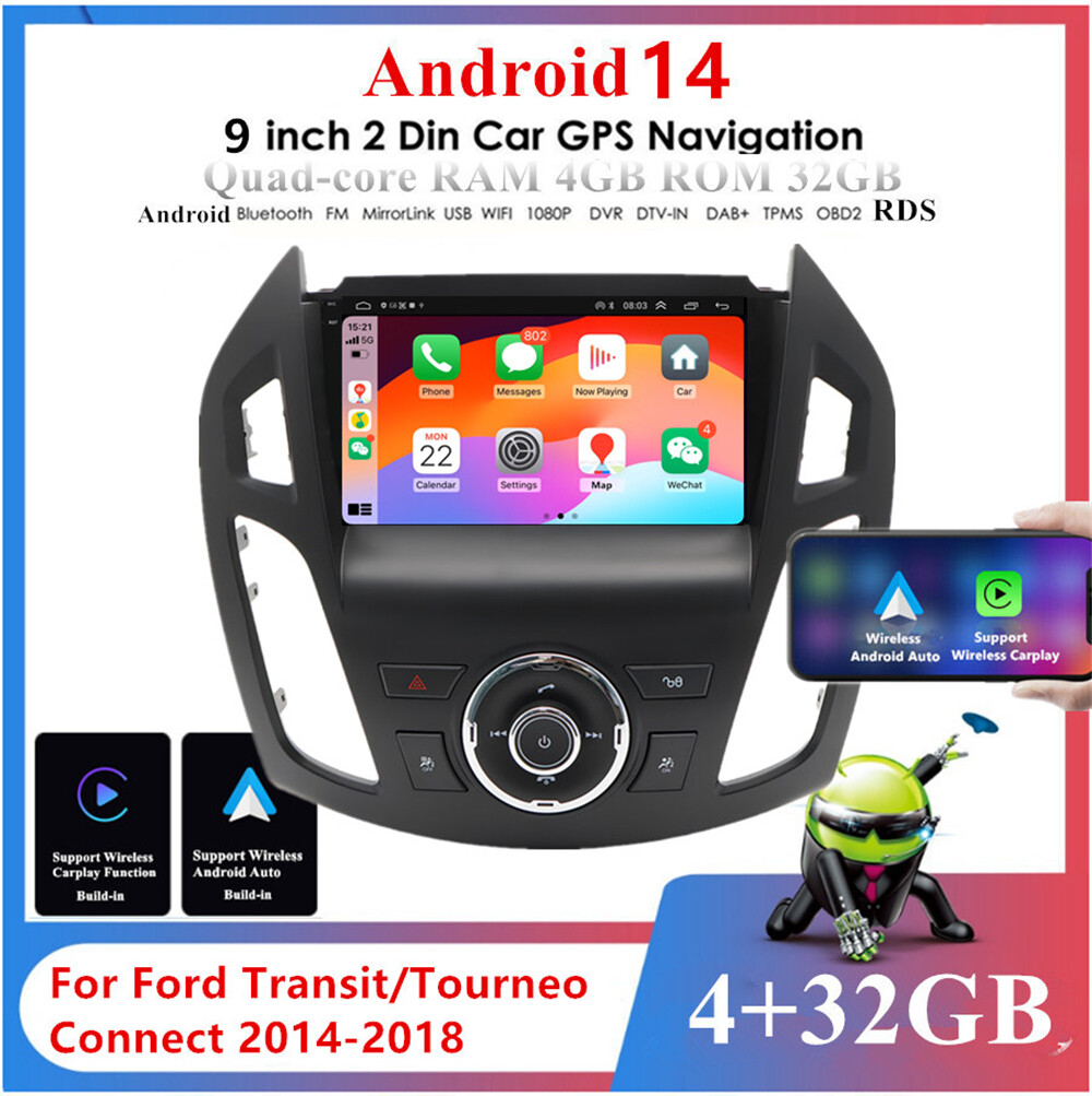9'' For Android 14 Carplay Car Stereo Radio GPS For Ford Tourneo Connect 14-18
