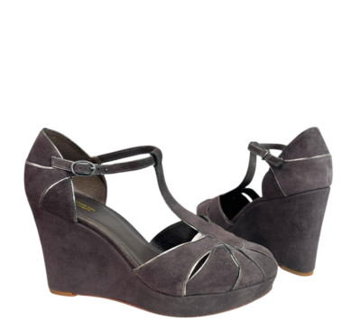Comptoir des Cotonniers Gray Suede Platform Wedge T-Strap Shoes $265 EU 39/US 8