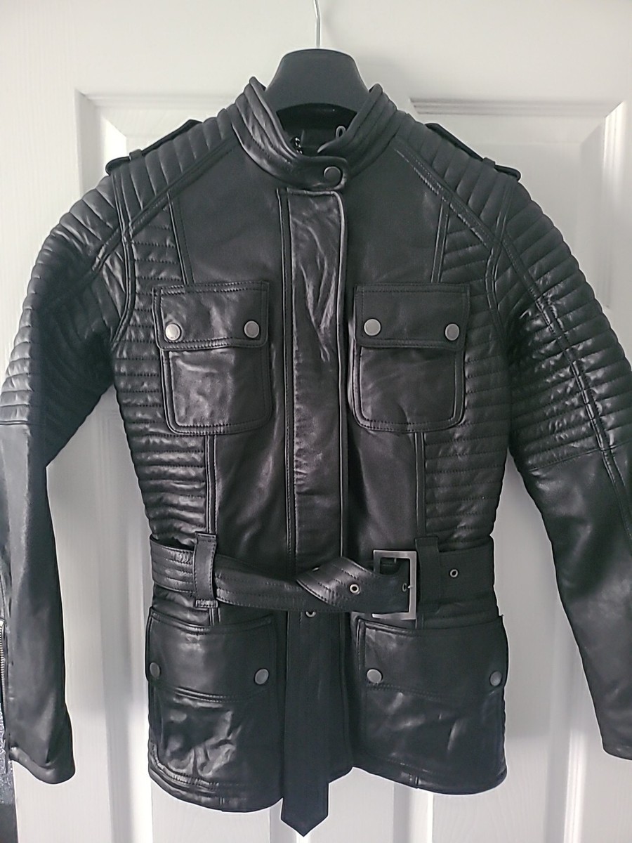 Barbour BLACK REAL LEATHER QUILTED FITTED BIKER JACKET COAT SIZE