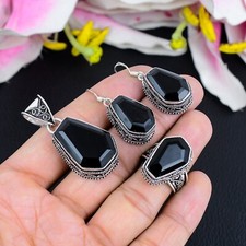 Natural Black Spinel Gemstone Handmade 925 Sterling Silver Christmas Jewelry Set