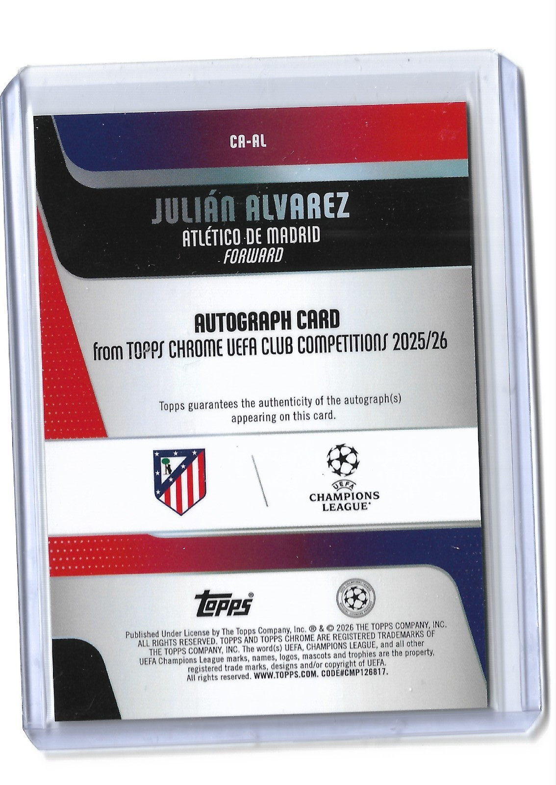 2025-26 Topps Chrome UEFA CC Julian Alvarez Auto Green Lava Refractor /99 view 2