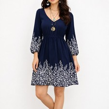 Old Navy Navy Blue Floral Border Print Wrap V-Neck Long Sleeve Dress Medium