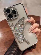 Silver Butterfly Rhinestone Stand Phone Case For iPhone Samsung Honor Moto