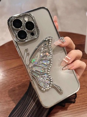 Silver Butterfly Rhinestone Stand Phone Case For iPhone Samsung Honor Moto