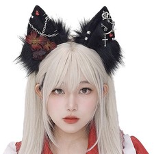 Cat Ear Headband for Cosplay Anime Plush Gothic Wolf Headband with Flower Decor