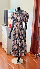 Vtg 80's LAURA ASHLEY Floral Sweetheart Neckline Garden Tea Dress XS Navy/Pink