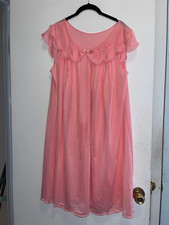 Vintage Pink Sheer Babydoll Nightgown Nylon Lace Trim Peignoir Coquette