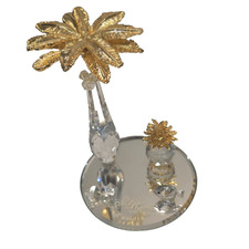 Cristal Vidrio Coco Palmera con Frondas Tono Dorado Sobre Base Espejo Florida 4"