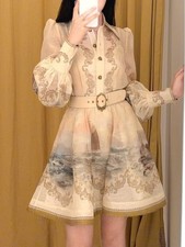 New ZIMMERMANN Ocean Pattern Printed Lantern Sleeve Waist Mini Dress