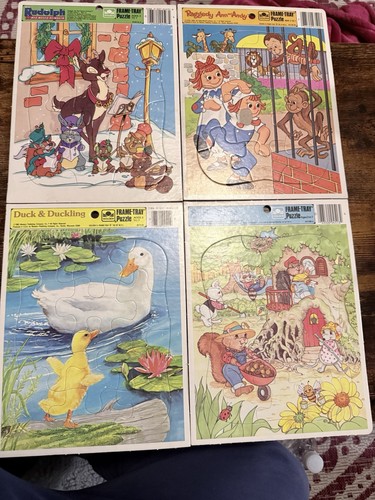 Lot Of 4 Vintage 1980s Frame Tray Puzzles - Raggedy Ann, Rudolph, Ducks, Spring