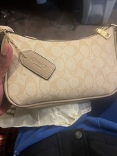 Coach Beige Logo Shoulder Bag Gold Hardware Tag Accent Women's Handbag