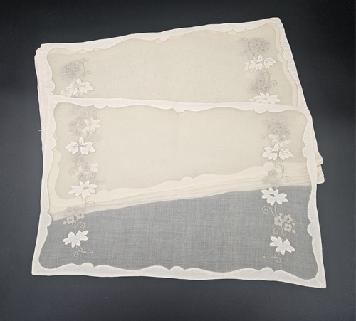 Set Of 8 Vintage Organdy Hand Embroidered Madeira Placemats Scrolling Flowers 