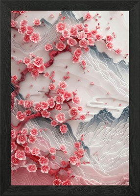 Gerahmtes Wandbild 3D japanische Kirschblüte Berglandschaft Poster Druck Bild