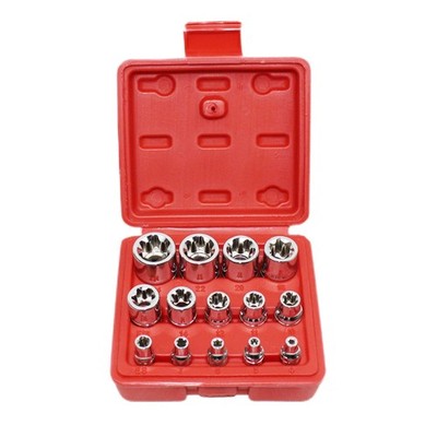 14Pcs E-Torx Star Socket Set with Case, 1/4, 3/8, 1/2 in. Drive One Size, Red 