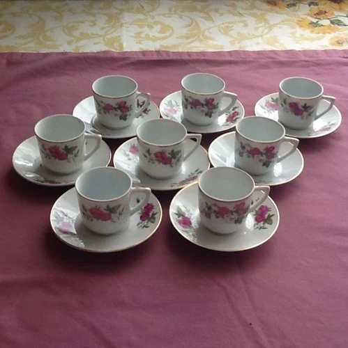 VINTAGE Demitasse  Cup  and Saucer Set Of 8. Made in China. Gold Trim. PRETTY!!